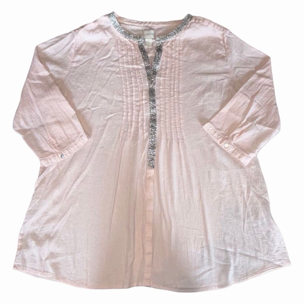 Chicos Size 3 Light Pink Button Up Sheer Tunic Blouse Silver Trim 100% Cotton